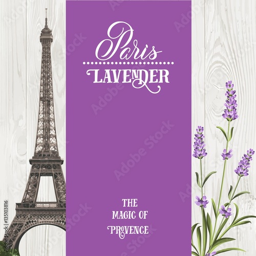 Souvenir card with eiffel tower. Eiffel tower with blooming spring flowers over wooden background. Vector illustration.