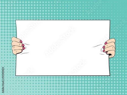 Female hands holding blank banner. Illustration in comic style