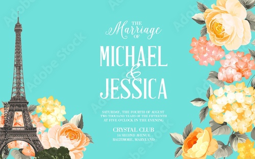 Marriage invitation card with floral garland and calligraphic text. Eiffel tower with blooming spring flowers over blue background. Vector illustration.