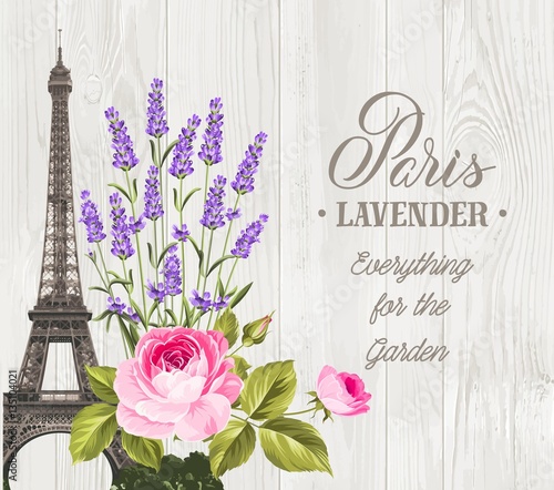 Souvenir card with eiffel tower. Eiffel tower with blooming spring flowers over wooden background. Vector illustration.