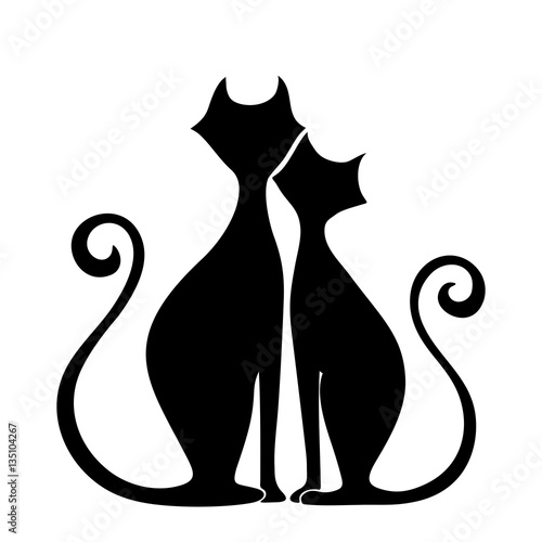 Vector black silhouettes of cats in love isolated on a white background.