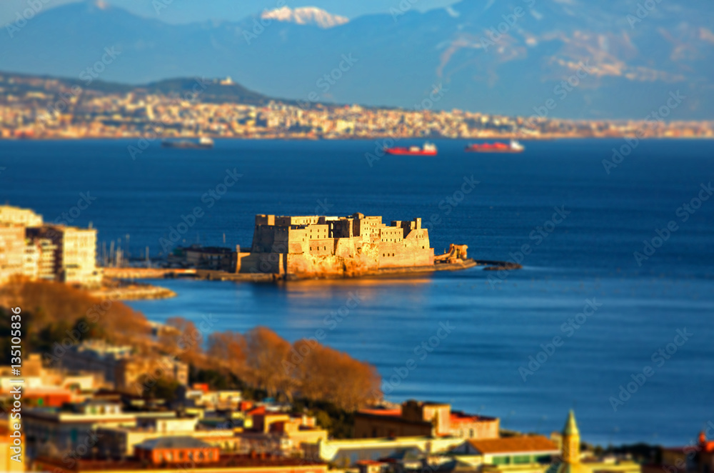 Tilt shift of Naples seaside with castle
