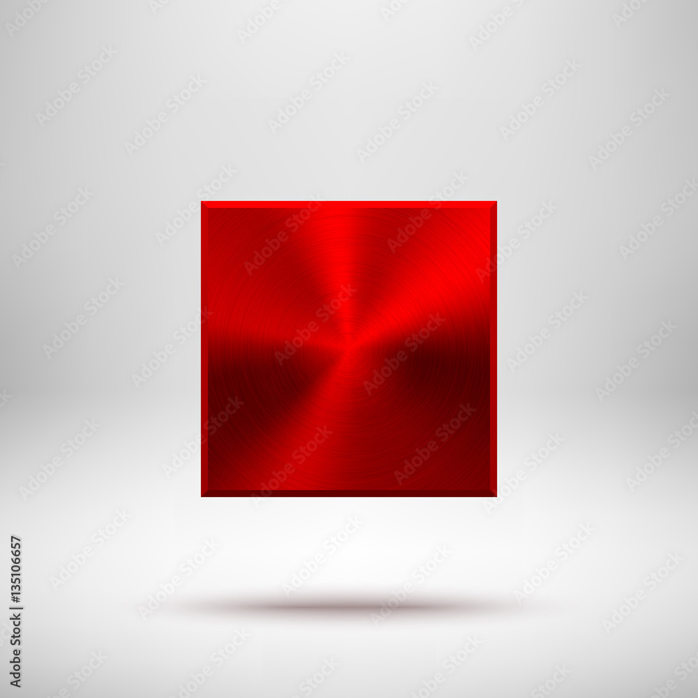 Red abstract technology square badge, blank button template with metal ...