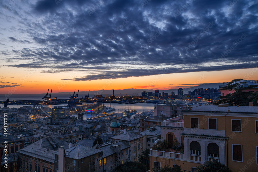 GENOA (GENOVA), ITALY,  JANUARY, 24, 2017 - View of old city and the port at sunset, Genoa (Genova, Italy