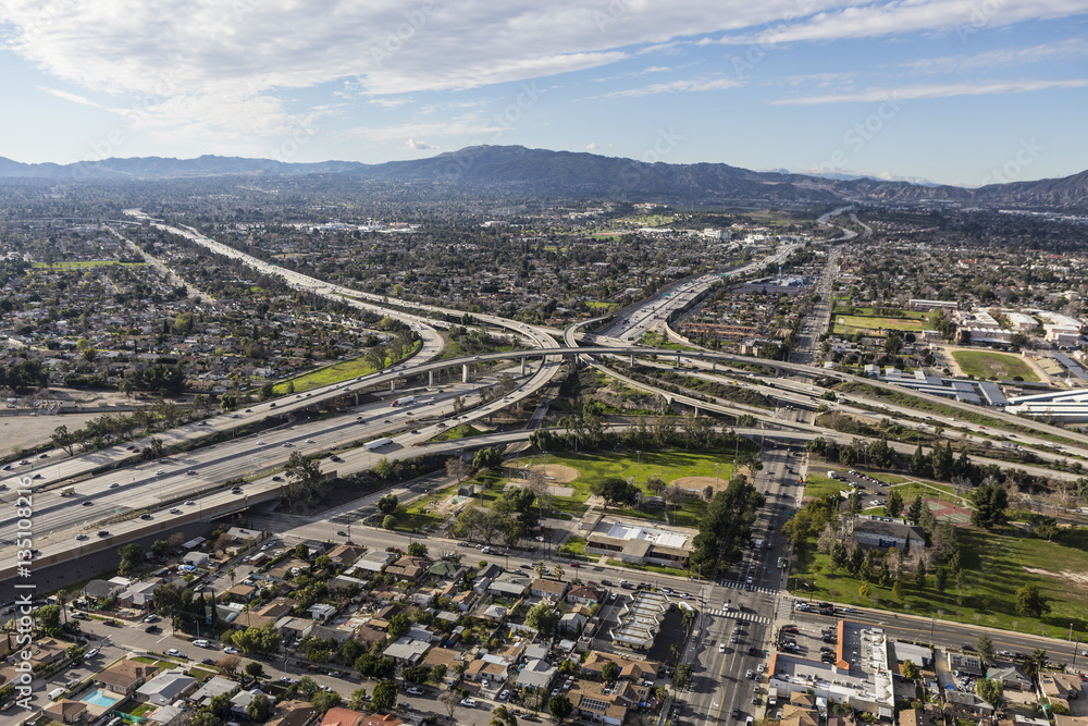 Aerial view of Golden State 5 and 118 Freeway interchange in the San Fernando Valley region of Los Angeles California.