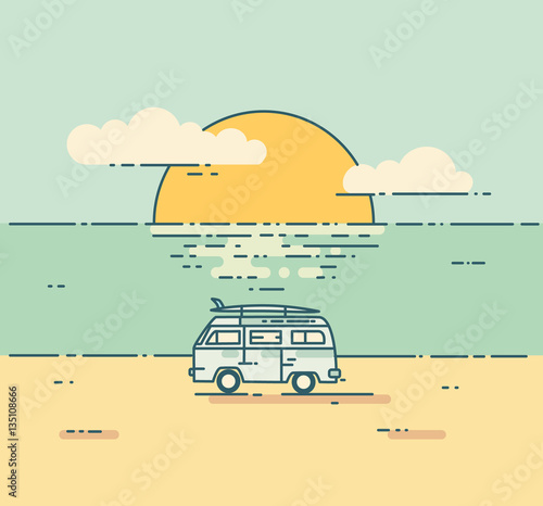 Minivan with sunset landscape.