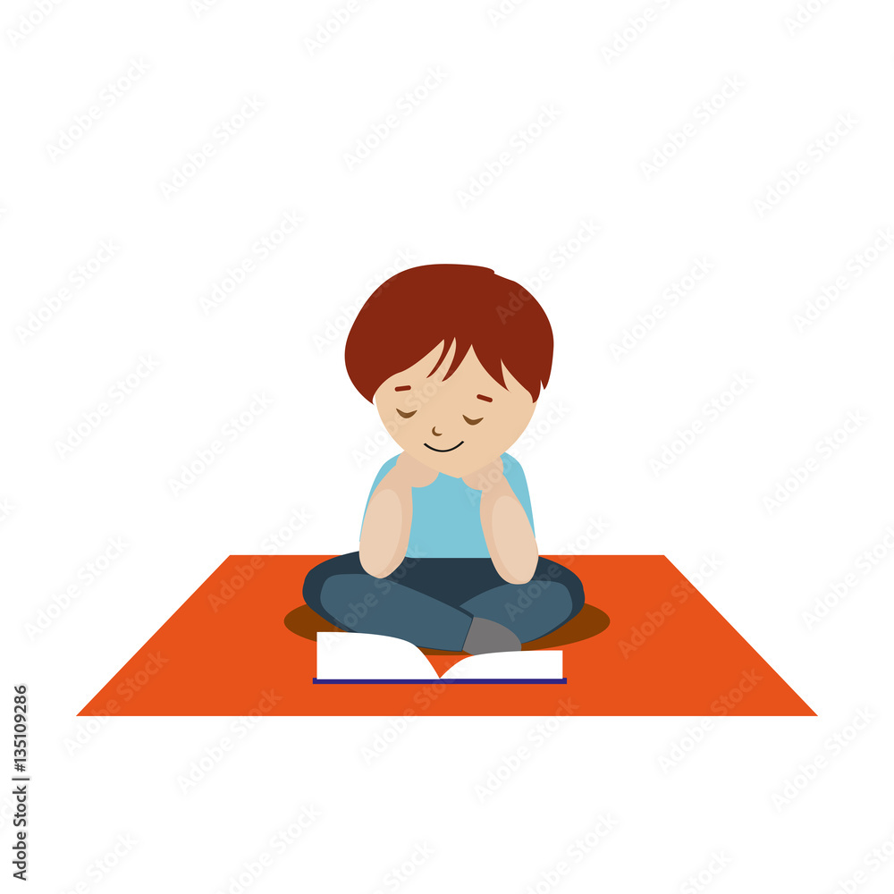 Boy sitting on the carpet and reading a book or tutorial. Cartoon character  isolated on white background. Vector, illustration EPS10. Stock Vector |  Adobe Stock