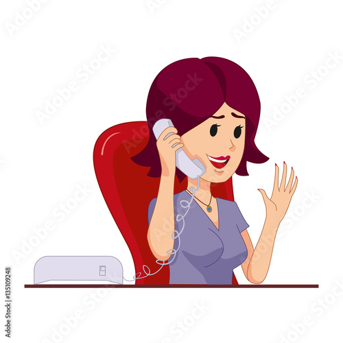 Secretary or a housewife speaking on the phone and looks at the nails. A woman communicates with the girlfriend and discusses manicure. Isolated on white background. Vector, illustration EPS10.