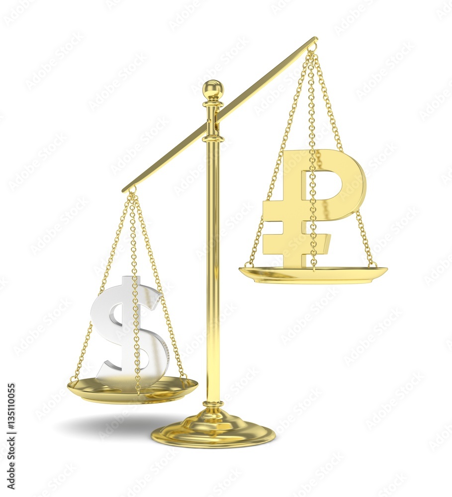 Isolated old fashioned pan scale with dollar and ruble on white background. American and russian currency. Dollar is heavier. Silver usd, golden rouble. 3D rendering. Isolated old fashioned pan scale with dollar and ruble on white background. American and russian currency. Dollar is heavier. Silver usd, golden rouble. 3D rendering.