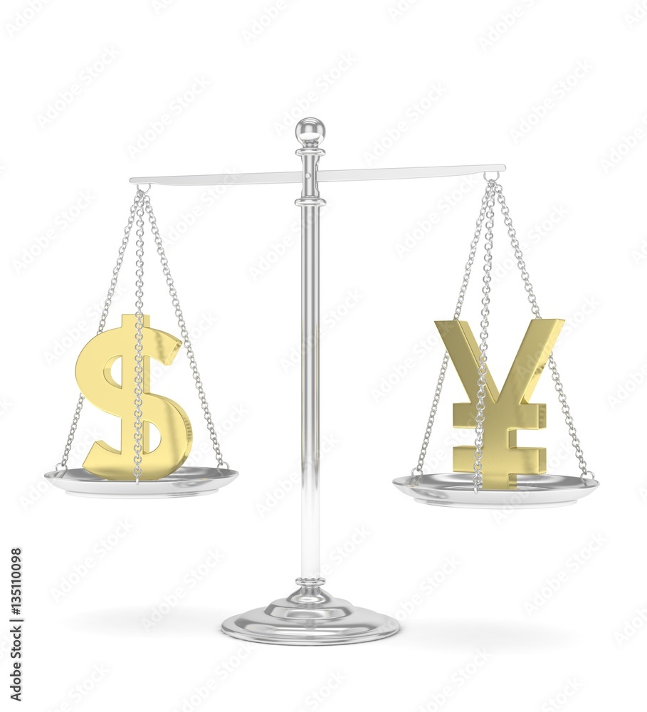 Isolated old fashioned pan scale with dollar and yuan,yen on white background. American and chinese and japanese currency. Currency equality. 3D rendering. Isolated old fashioned pan scale with dollar and yuan,yen on white background. American and chinese and japanese currency. Currency equality. 3D rendering.
