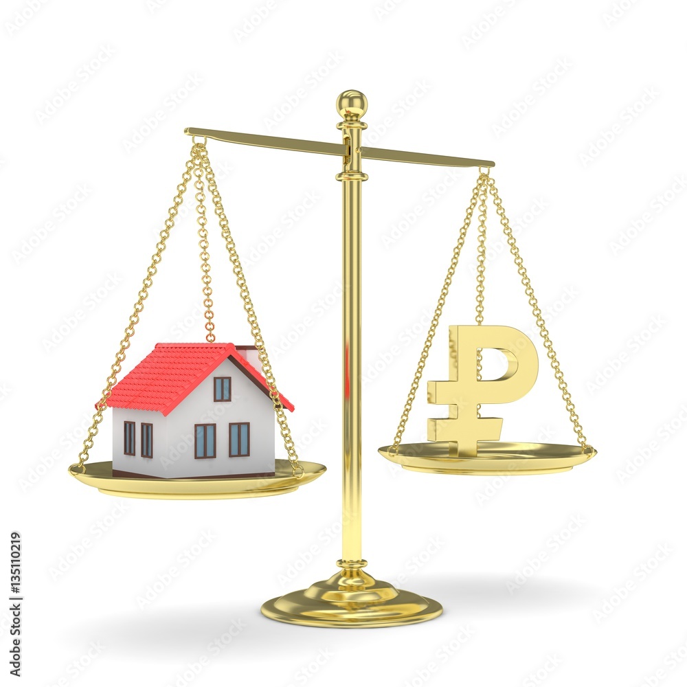 Isolated old fashioned pan scale with ruble and house on white background. Real estate vs russian currency. Affordable house. 3D rendering. Isolated old fashioned pan scale with ruble and house on white background. Real estate vs russian currency. Affordable house. 3D rendering.