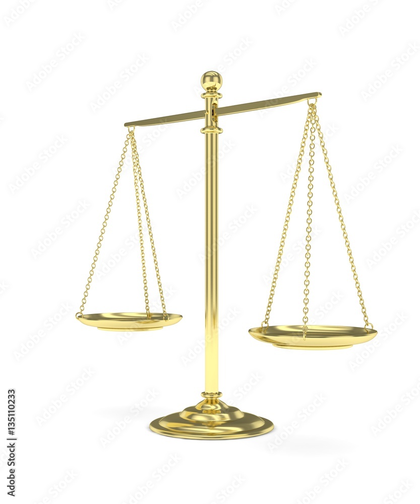 Isolated golden scales on white background. Symbol of judgement. Law, measurement, liberty in one concept. 3D rendering. Isolated golden scales on white background. Symbol of judgement. Law, measurement, liberty in one concept. 3D rendering.