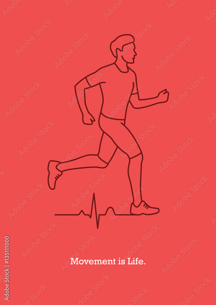 Vector illustration with running man silhouette and heart pulse line. Motivational banner or poster creative design concept.