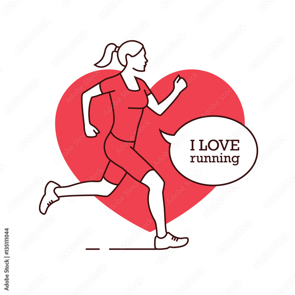 Running girl linear silhouette with a heart shape on the background Running girl linear silhouette with a heart shape on the background