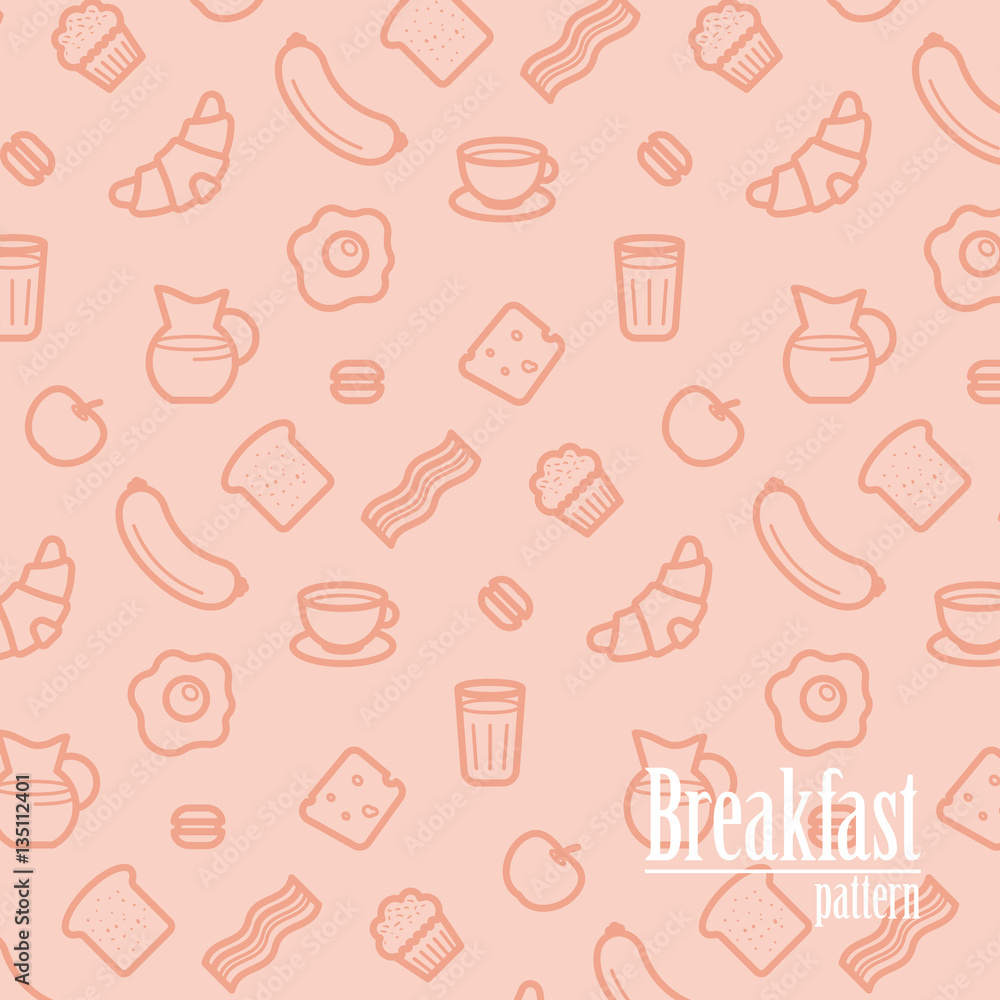 Breakfast Background. Seamless Pattern With Line Icons of Food Like Sausage, Bread, Croissant, Bacon, Muffins, Coffee, Milk etc. Vector Illustration. Breakfast Background. Seamless Pattern With Line Icons of Food Like Sausage, Bread, Croissant, Bacon, Muffins, Coffee, Milk etc. Vector Illustration.