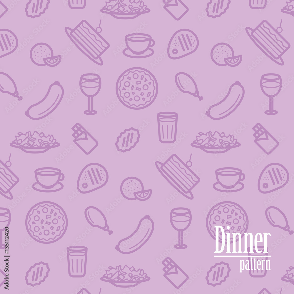 Dinner Background. Seamless Pattern With Line Icons of Food Like Pizza, Cake, Steak, Chicken, Wine, Chocolate, Orange etc. Vector Illustration. Dinner Background. Seamless Pattern With Line Icons of Food Like Pizza, Cake, Steak, Chicken, Wine, Chocolate, Orange etc. Vector Illustration.