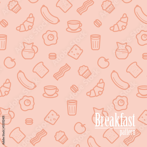 Breakfast Background. Seamless Pattern With Line Icons of Food Like Sausage, Bread, Croissant, Bacon, Muffins, Coffee, Milk etc. Vector Illustration.