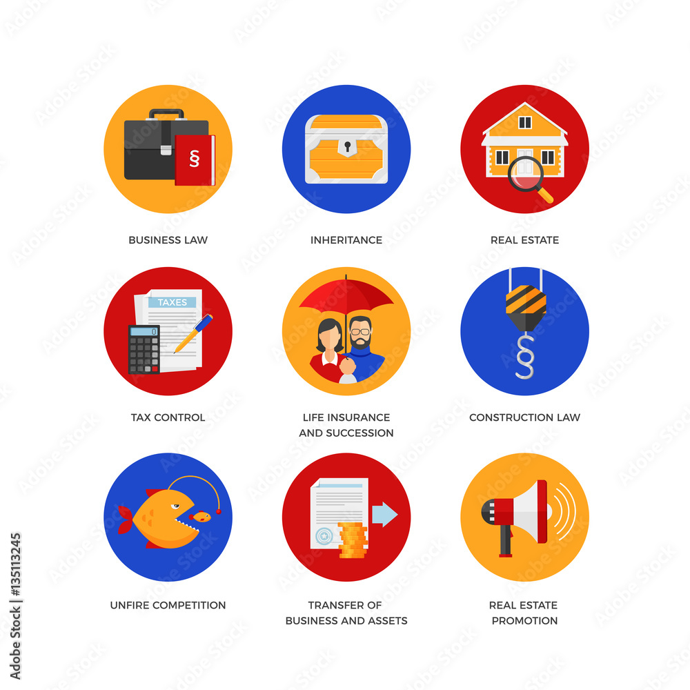 Vector icons of legal services like business and construction law, real estate, inheritance and tax control. Flat design