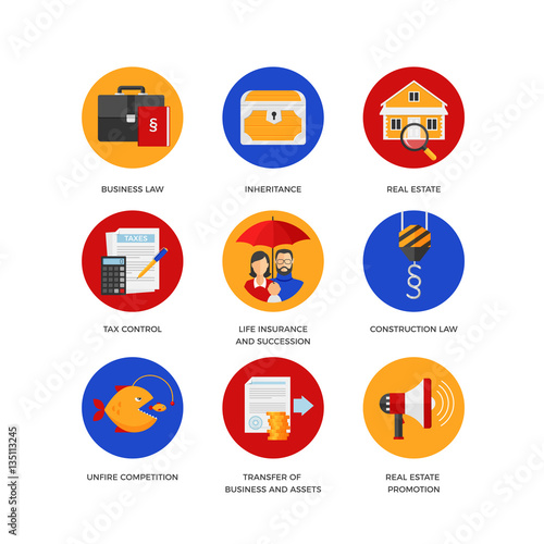 Vector icons of legal services like business and construction law, real estate, inheritance and tax control. Flat design