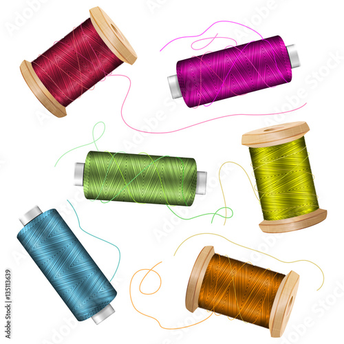 Thread Spool Set Background. For Needlework And Needlecraft. Stock Vector Illustration Of Yarn Or Cotton Bobbin Reels. Isolated On White 