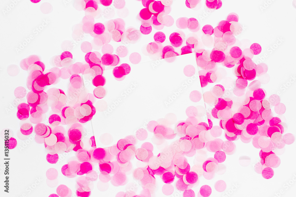 Pink paper confetti and empty card Pink paper confetti and empty card