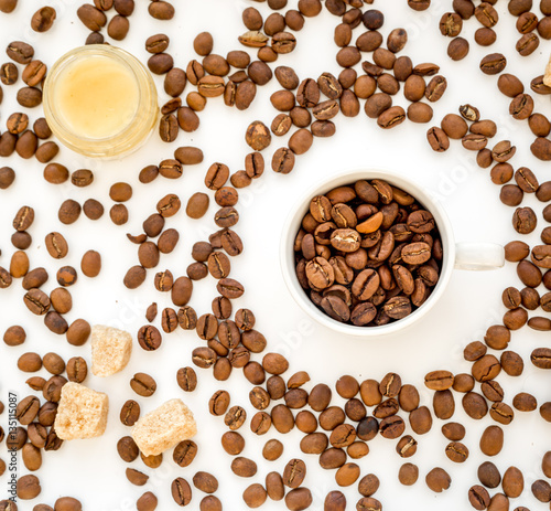 coffee beans on white table top view pattern