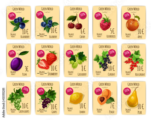 Fruits and berries on price or sale tag, card