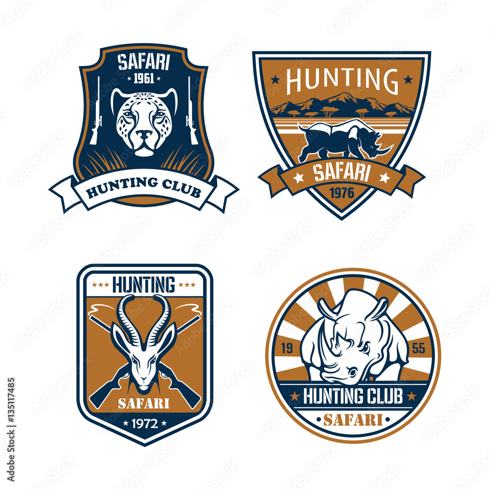 Hunting safari hunter sport club vector icons set