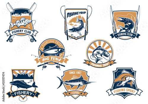 Sea and river fish and rods isolated icons