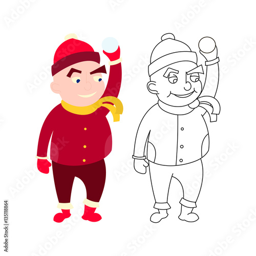 Little boy in winter clothes, cartoon style isolated on white background. coloring little kid in red hat and scarf in warm winter clothes with snow