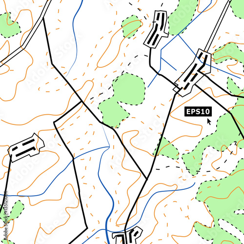Topographic Map Background Concept With Roads, Forests, Settlements, Relief Contours. Cartography Vector Graphic In Colour.
