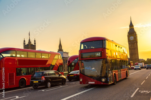 Big Ben  Westminster Bridge  red bus in London