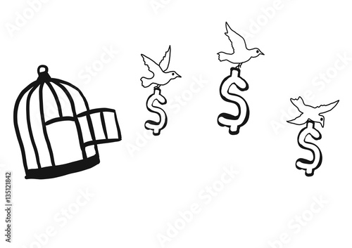 abstract hand draw doodle sketch money out from cage by birds on white background, freedom money concept, vector, illustration, cartoon style