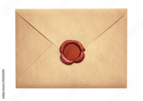 Old letter envelope with red wax seal isolated photo