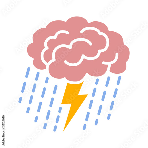 Brain brainstorm / brainstorming with lightning bolt and rain flat color vector icon for apps and websites
