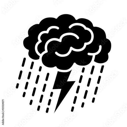Brain brainstorm / brainstorming with lightning bolt and rain flat vector icon for apps and websites