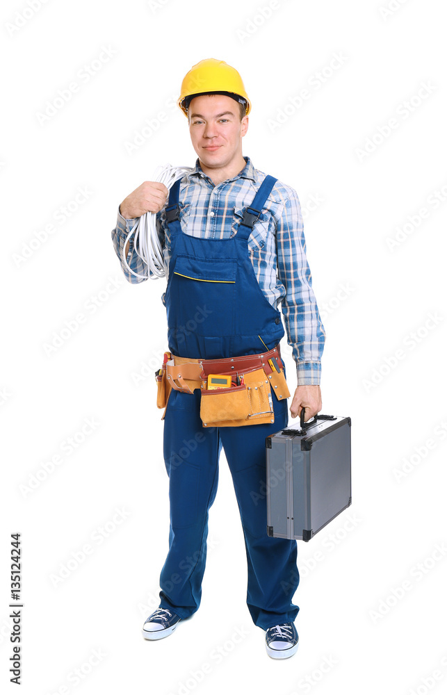 Electrician with tool box on white background Electrician with tool box on white background
