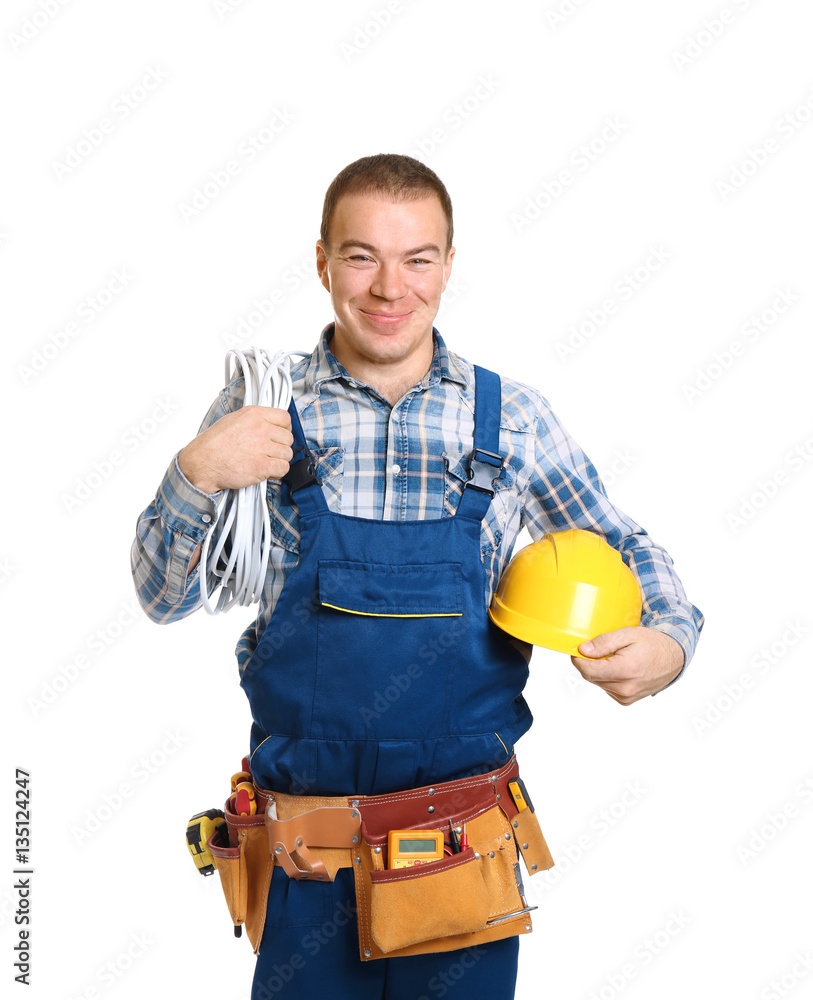 Electrician with special tools on white background Electrician with special tools on white background