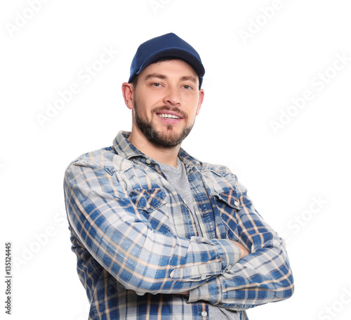 Long-haul truck driver on white background photo