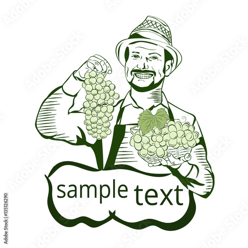 A farmer with a crop of grapes. Hands with a bunch of grapes. A farmer with a crop of grapes. Wine label template. Graphic arts.