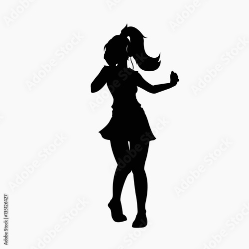 Girl dancing while listening to music silhouette on white background vector