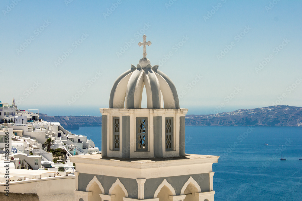 Beautiful landscape of Firostefani church with views of the caldera, Santorini, Greece 13/08/2016