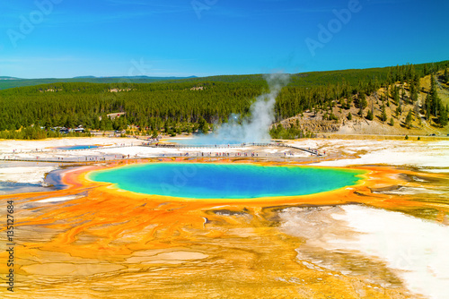 Yellowstone National Park. Grand Prismatic Spring, Jackson Hole, Wyoming, USA. Clear view from above.