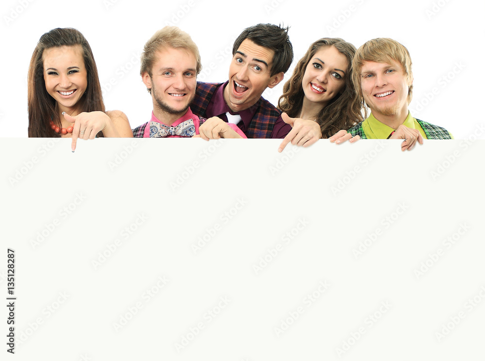 Group of happy people with banner. Group of happy people with banner.
