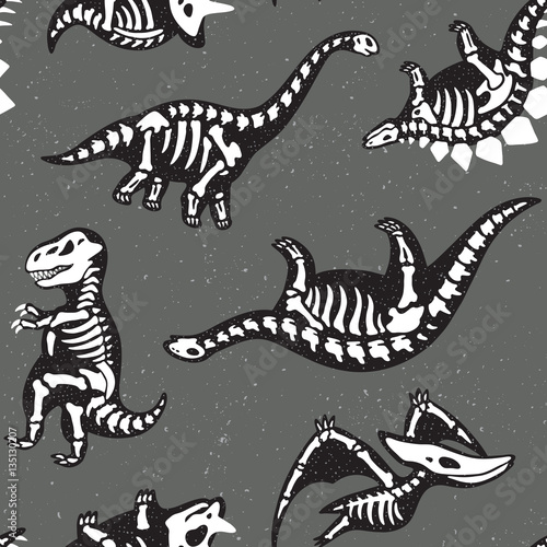 Adorable seamless pattern with funny dinosaur skeletons in cartoon style