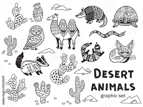 Black and white set of desert animals