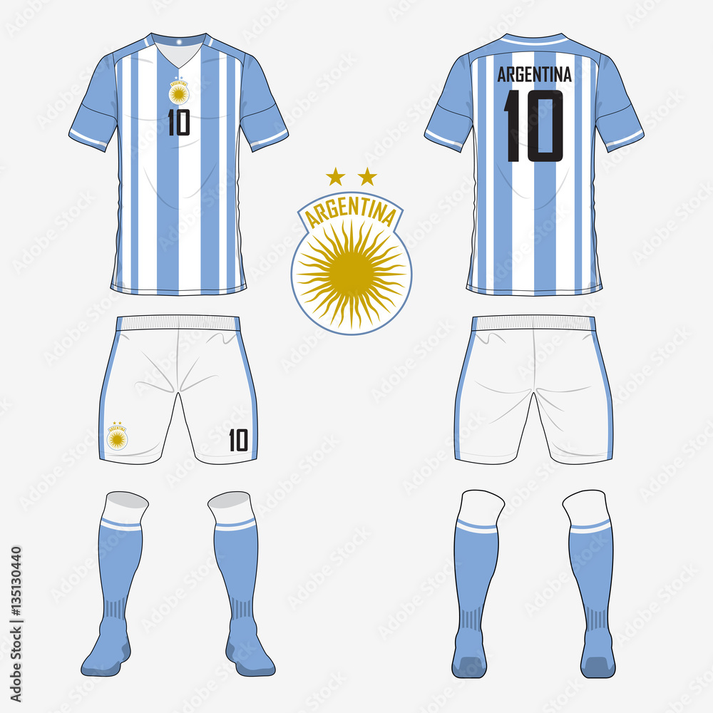 Set of soccer jersey or football kit template for Argentina national  football team. Front and back view soccer uniform. Sport shirt mock up.  Vector Illustration Stock Vector | Adobe Stock