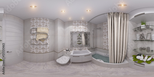 3d illustration spherical 360 degrees, seamless panorama of bathroom interior design in classic style