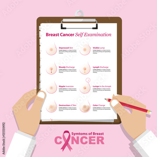 Infographic for breast cancer awareness in flat design. Hand holding Checklist clipboard. Medical and health care report. Vector Illustration.