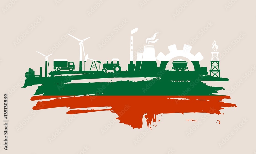 Fototapeta premium Energy and Power icons set and grunge brush stroke. Energy generation and heavy industry relative image. Agriculture and transportation. Vector illustration. Flag of the Bulgaria